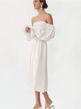 Sleeper Atlanta Off the Shoulder Ivory Smocked Silk Dress